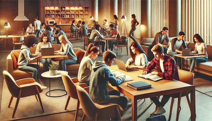 Intérieur d'une résidence étudiante moderne. Il dispose d'un espace suffisant pour accueillir de nombreux étudiants.