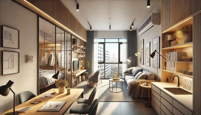 Un studio qui se situe dans un quartier idéal pour investir dans une résidence étudiante à Amiens. il comporte une kitchenette, une table de bureau et un canapé lit.