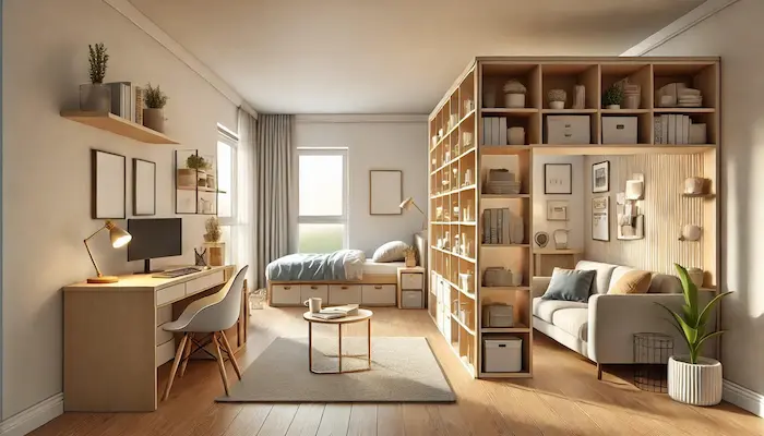 Un studio meublé pour étudiants qui comprend des meubles et d'équipements modernes.