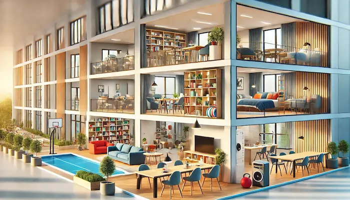 Une vue d'ensemble sur les services proposés par une résidence étudiante. On peut voir la salle de sport, la buanderie et la salle commune.