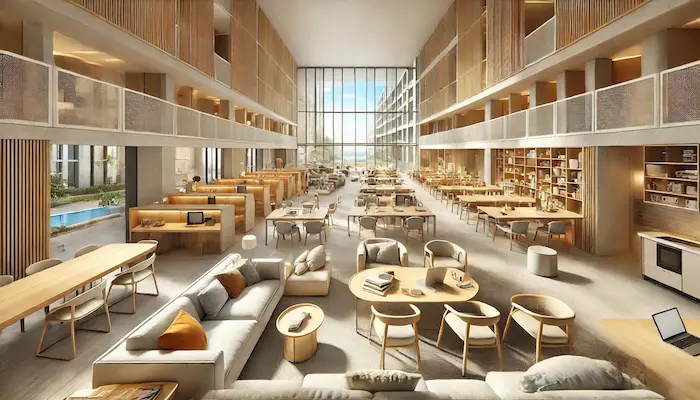 Plusieurs étudiants qui sont en train d'étudier dans l'espace commun d'une résidence étudiante.