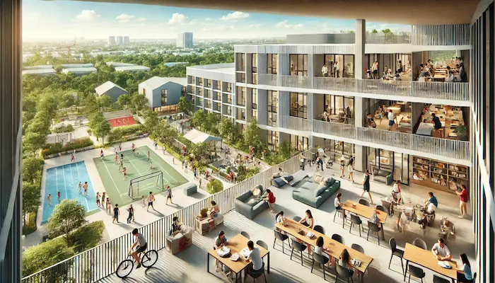 Une résidence étudiante moderne qui propose plusieurs services attractifs aux étudiants. On peut voir la salle de sport, la salle d'études et l'espace coworking.