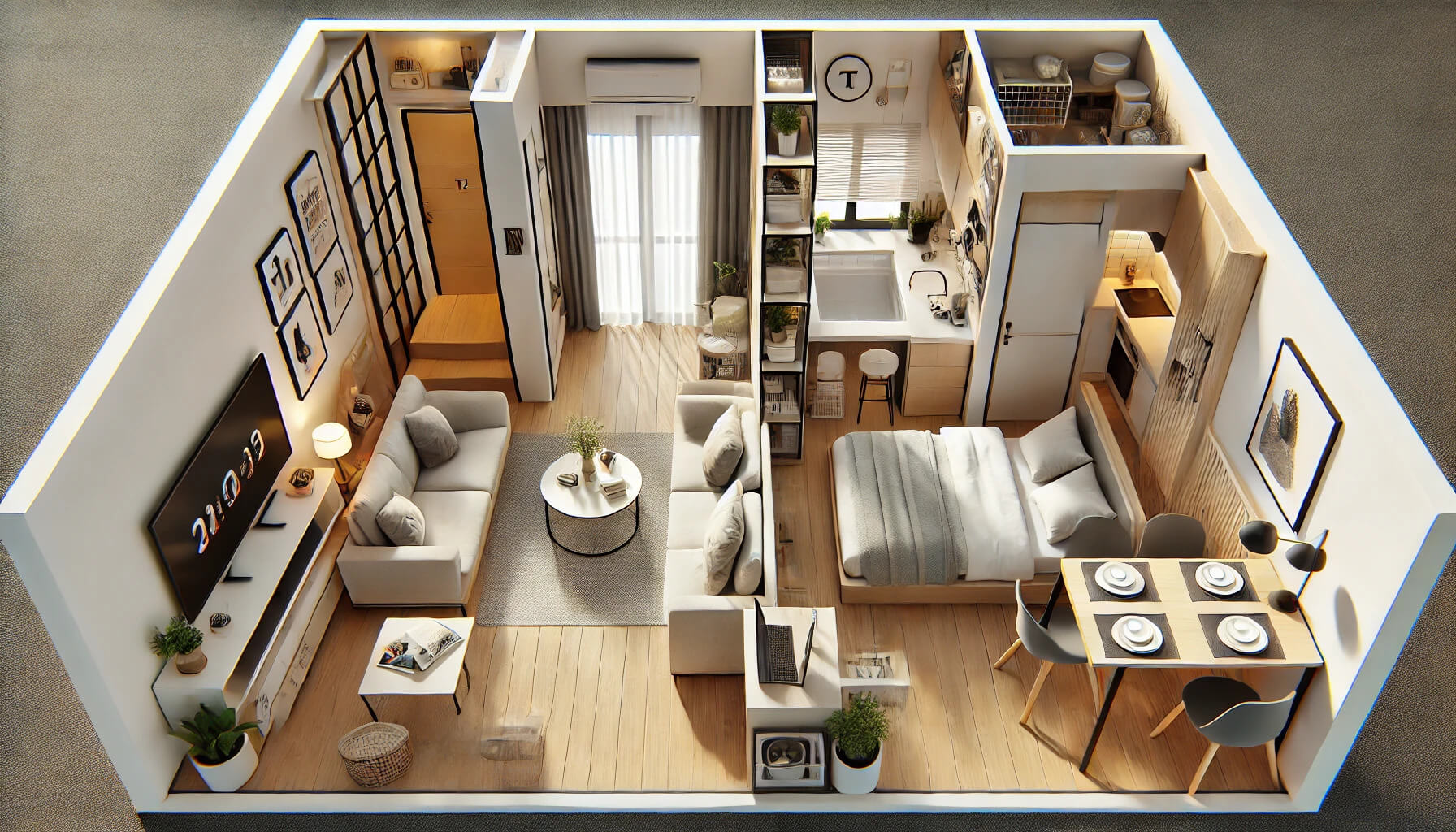 Un appartement T2 moderne avec une chambre à coucher, un séjour, une cuisine équipée et une salle de bain